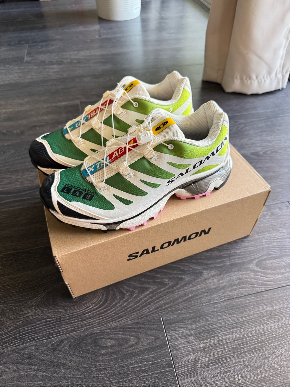 Salomon XT-4 OG Sneakers, Vanilla Ice / Acid Lime / Pink Frosting, 7M/8W - Picture 3 of 12